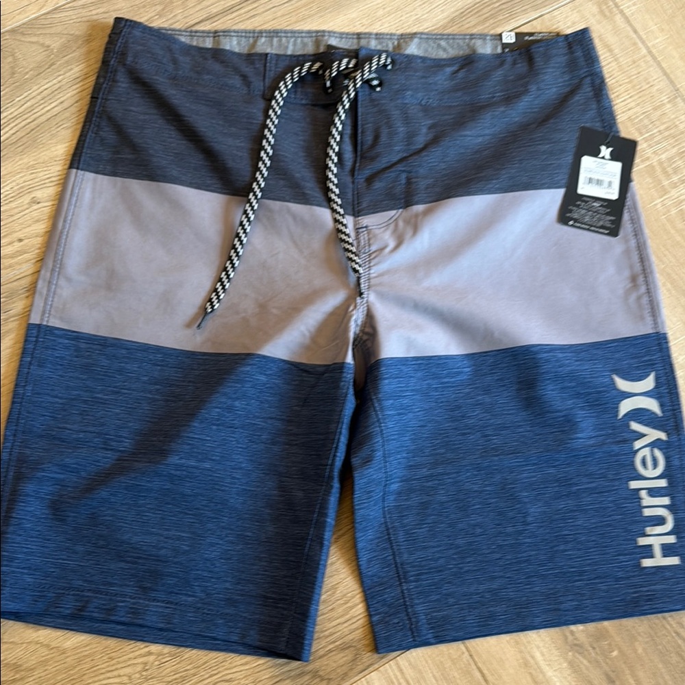 Hurley Blue and Gray Board Shorts with Color Block Design